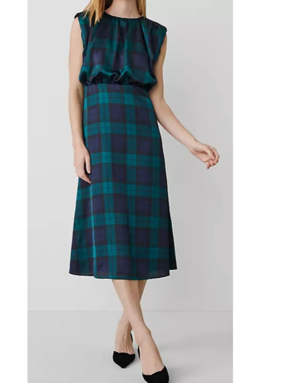 ANN TAYLOR Tartan Plaid Cap Sleeve Midi Dress Size 12